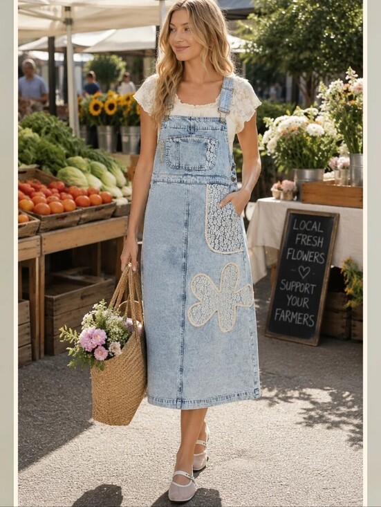 easel Dresses & Skirts - easel Light Blue Denim Lace-Appliqué Overall Dress Size Large